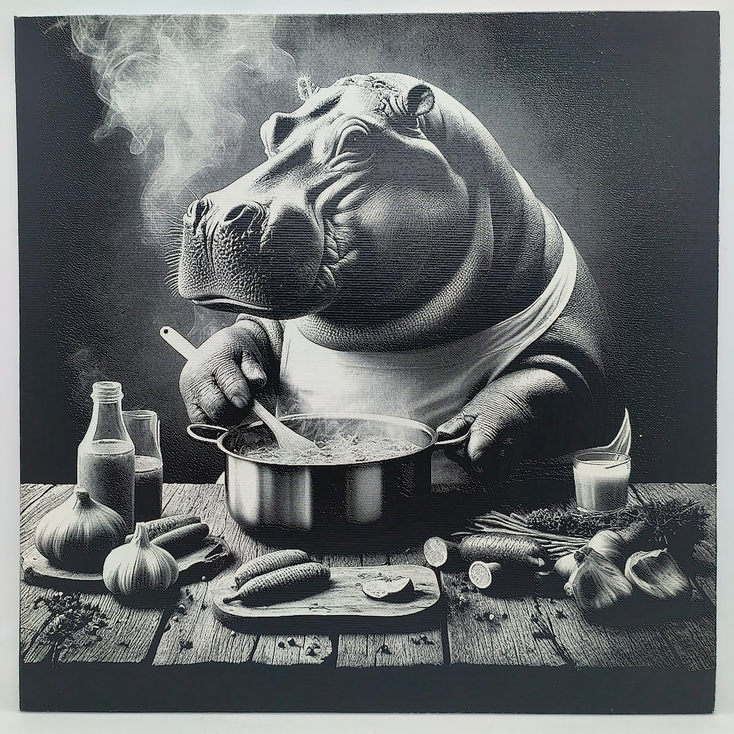 Cadre hippopotame en cuisine.