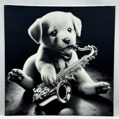 Cadre chiot et saxophone.